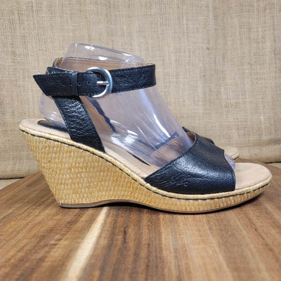 Born Concept Shoes - BOC Born Concept Wedge Sandals Black Leather Ankle Strap Womens 10 M Woven Heel